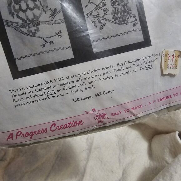 Vntg Needle Art Progress Creation Kit Stamped Kitchen Towels No. 6474/40-41 Owls - Picture 3 of 5